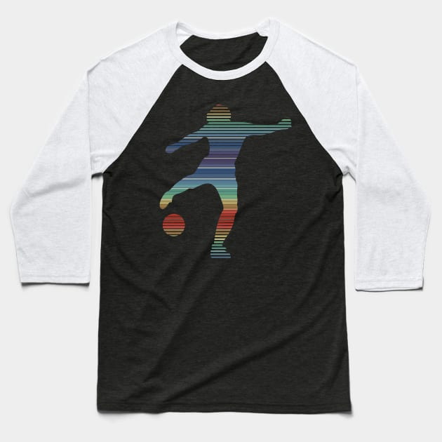 Retro Footballer In 80s Rainbow Colors Baseball T-Shirt by iZiets